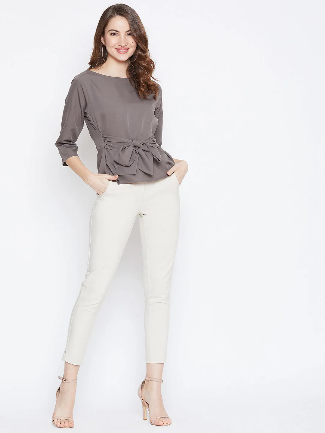 Berrylush Women Solid Grey Boat Neck Three-Quarter Sleeve Waist Tie-Up Top