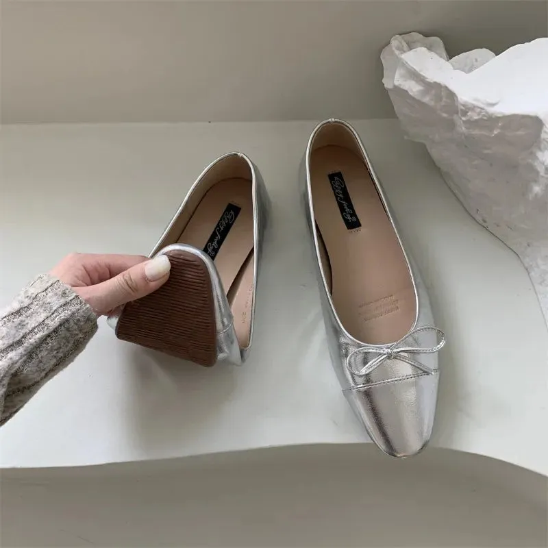 binfenxie  -  Silver Flats Ballet Shoes for Women Mary Janes Casual Shallow Slip on Pumps Sequare Toe Elegant Woman Heeled Shoes Loafers 2024