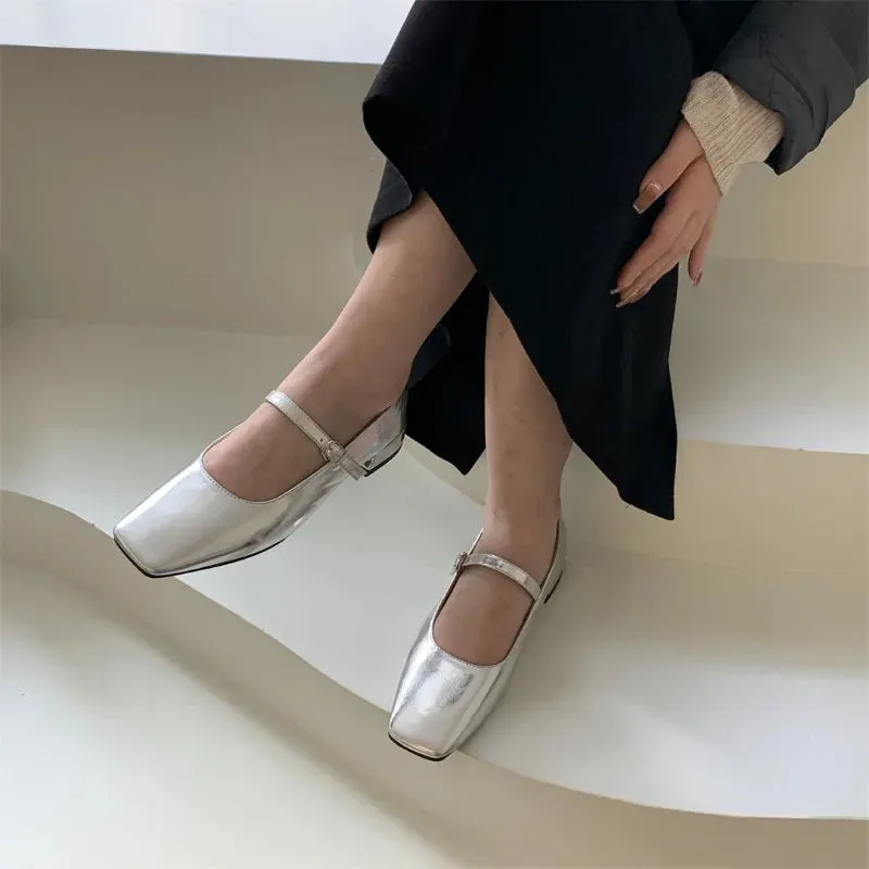 binfenxie  -  Silver Flats Ballet Shoes for Women Mary Janes Casual Shallow Slip on Pumps Sequare Toe Elegant Woman Heeled Shoes Loafers 2024