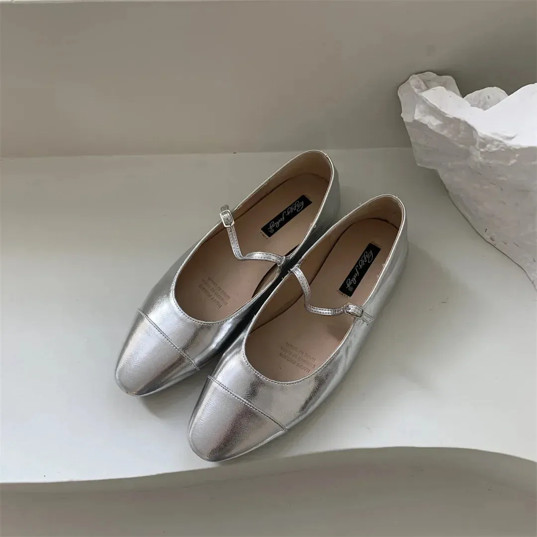 binfenxie  -  Silver Flats Ballet Shoes for Women Mary Janes Casual Shallow Slip on Pumps Sequare Toe Elegant Woman Heeled Shoes Loafers 2024