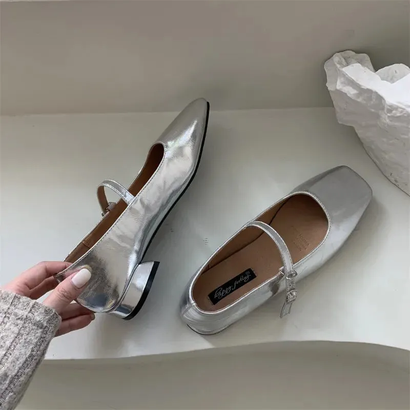 binfenxie  -  Silver Flats Ballet Shoes for Women Mary Janes Casual Shallow Slip on Pumps Sequare Toe Elegant Woman Heeled Shoes Loafers 2024