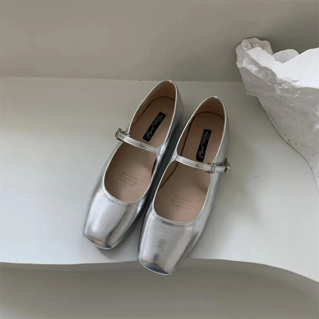 binfenxie  -  Silver Flats Ballet Shoes for Women Mary Janes Casual Shallow Slip on Pumps Sequare Toe Elegant Woman Heeled Shoes Loafers 2024