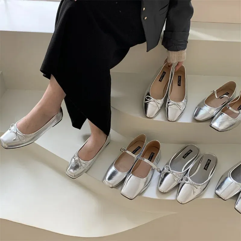 binfenxie  -  Silver Flats Ballet Shoes for Women Mary Janes Casual Shallow Slip on Pumps Sequare Toe Elegant Woman Heeled Shoes Loafers 2024