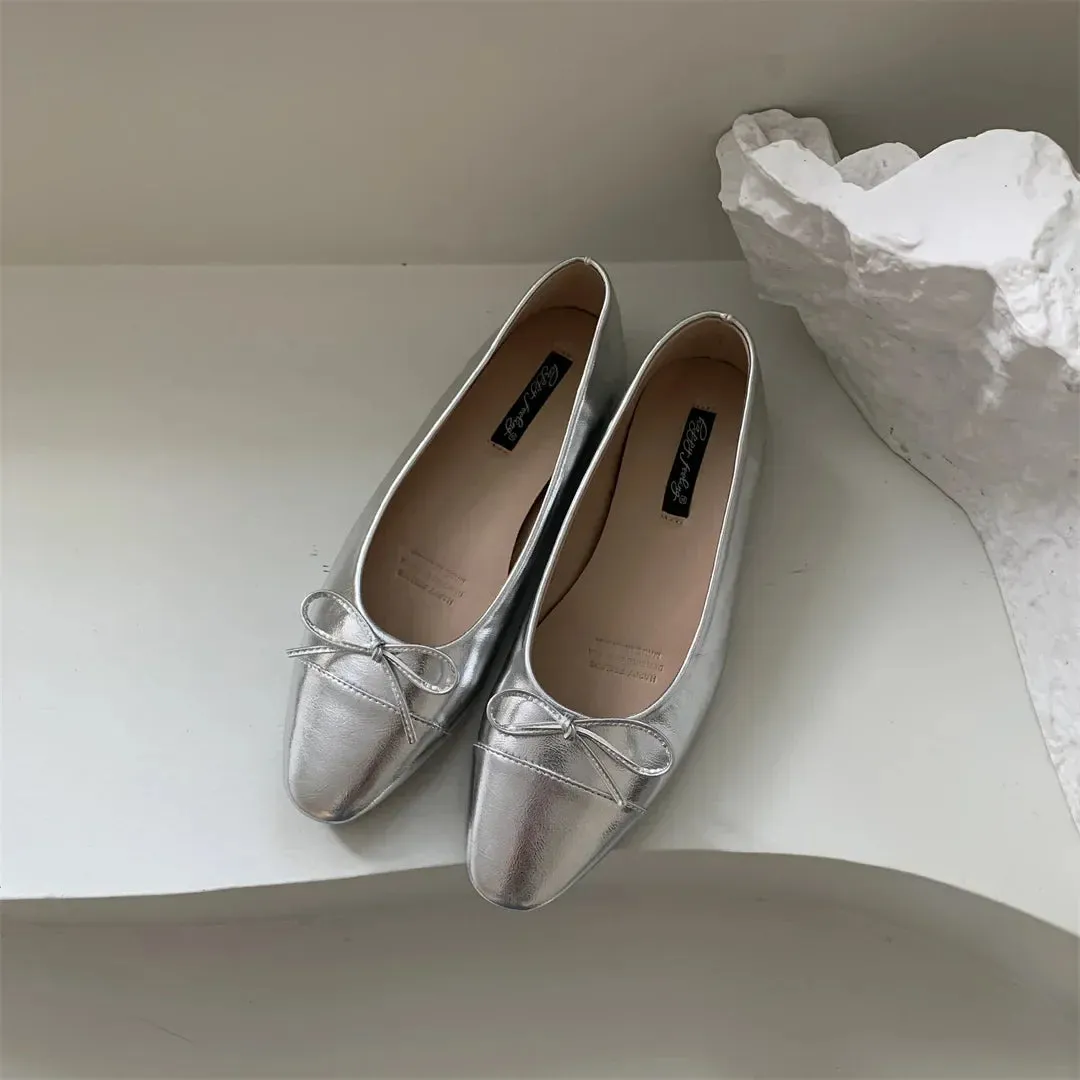 binfenxie  -  Silver Flats Ballet Shoes for Women Mary Janes Casual Shallow Slip on Pumps Sequare Toe Elegant Woman Heeled Shoes Loafers 2024