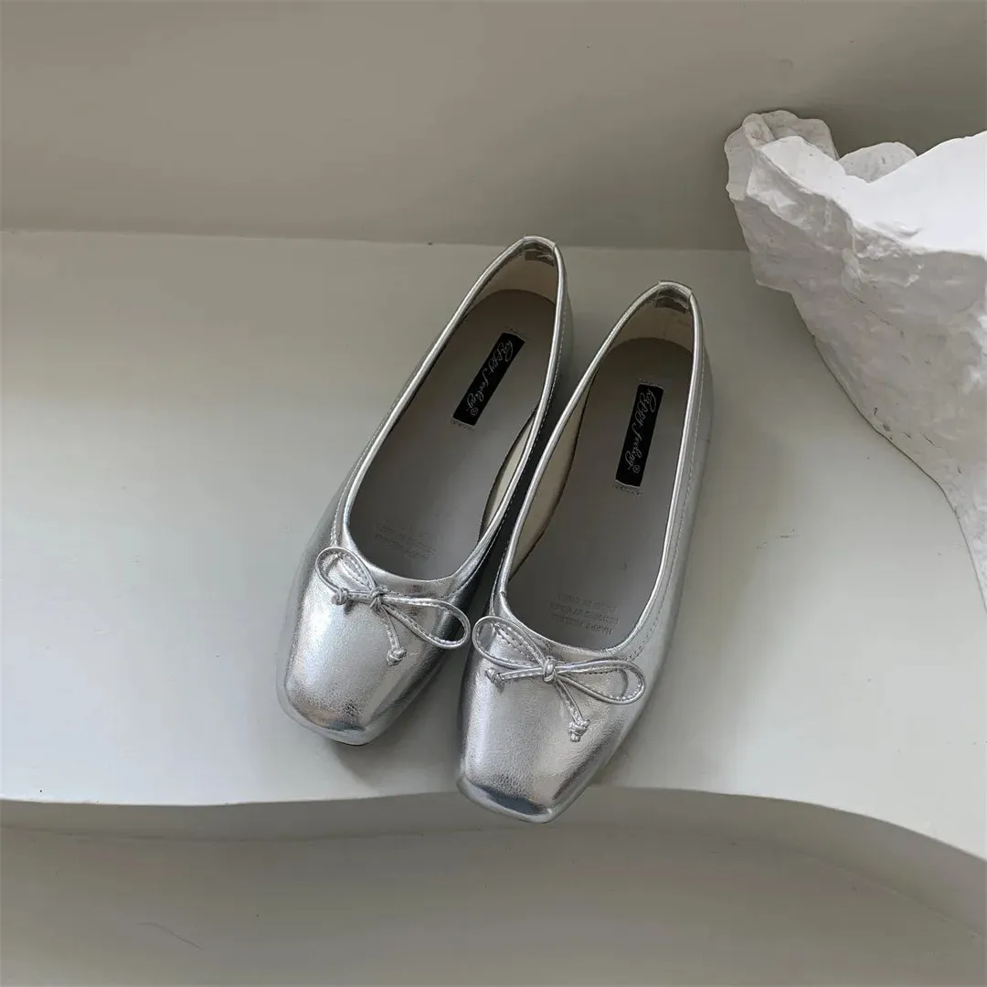 binfenxie  -  Silver Flats Ballet Shoes for Women Mary Janes Casual Shallow Slip on Pumps Sequare Toe Elegant Woman Heeled Shoes Loafers 2024