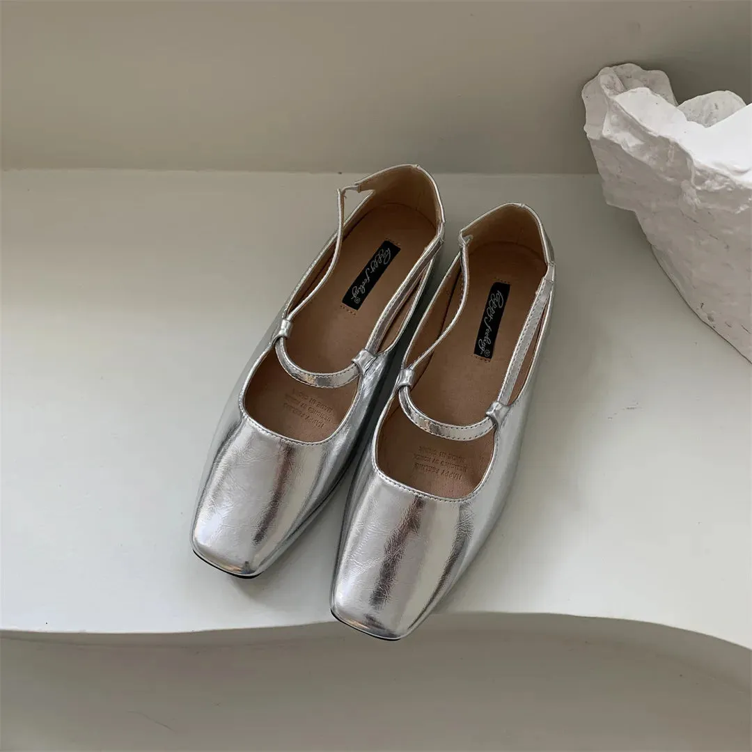 binfenxie  -  Silver Flats Ballet Shoes for Women Mary Janes Casual Shallow Slip on Pumps Sequare Toe Elegant Woman Heeled Shoes Loafers 2024