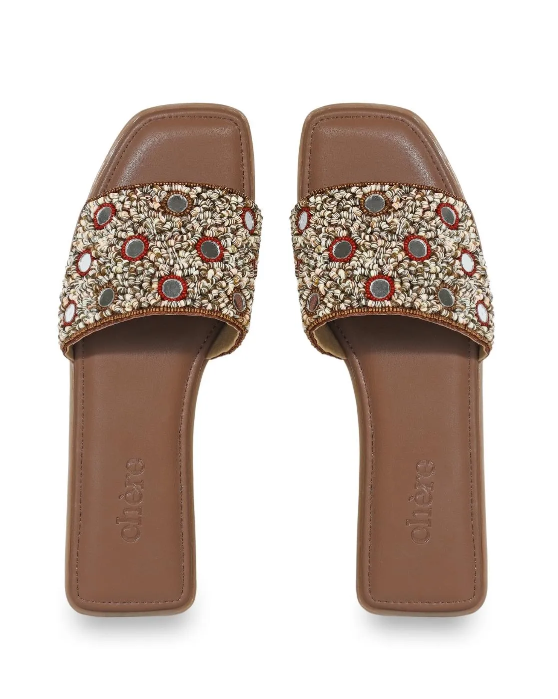 Brown Embellished Mirror Work Flats for Women