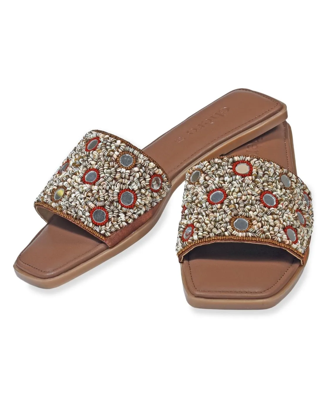 Brown Embellished Mirror Work Flats for Women