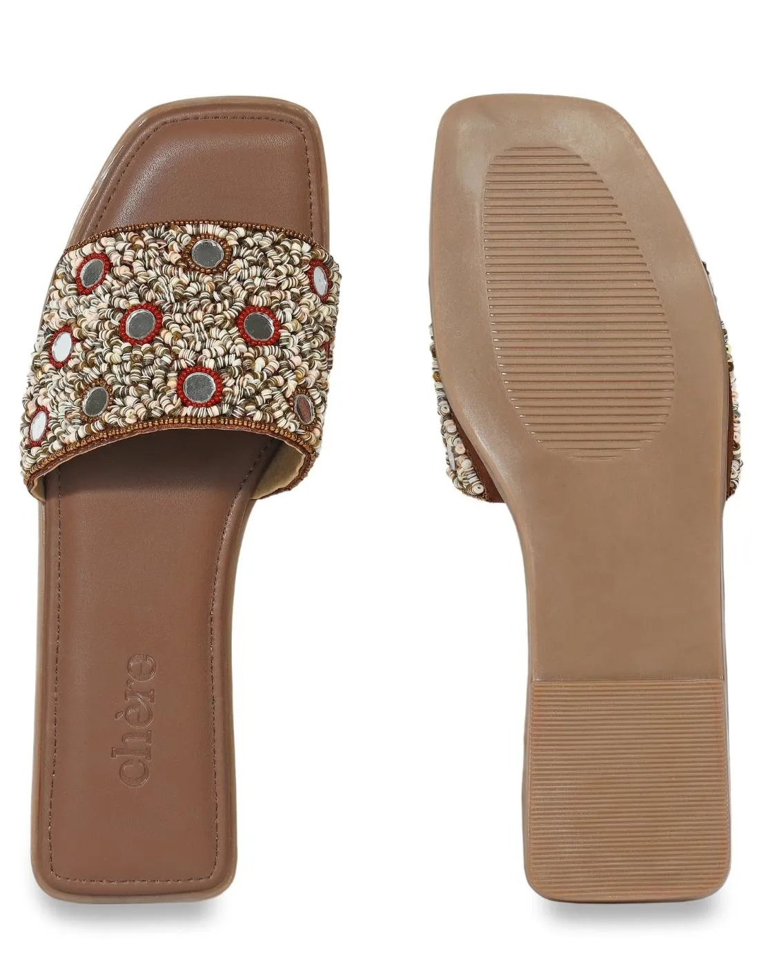 Brown Embellished Mirror Work Flats for Women