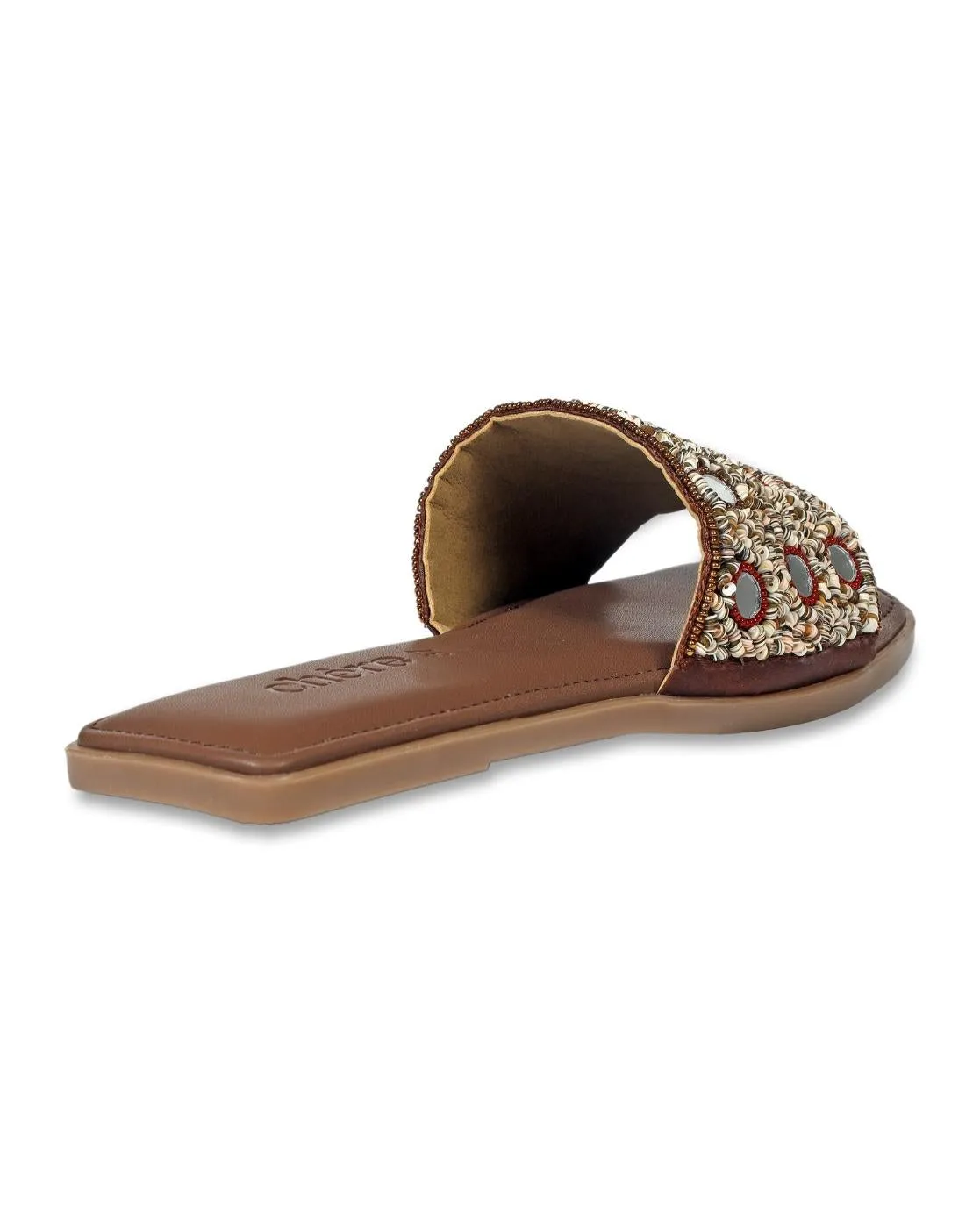 Brown Embellished Mirror Work Flats for Women