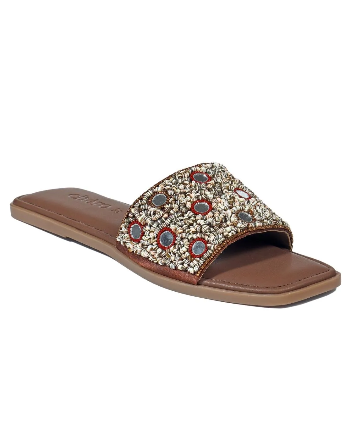 Brown Embellished Mirror Work Flats for Women