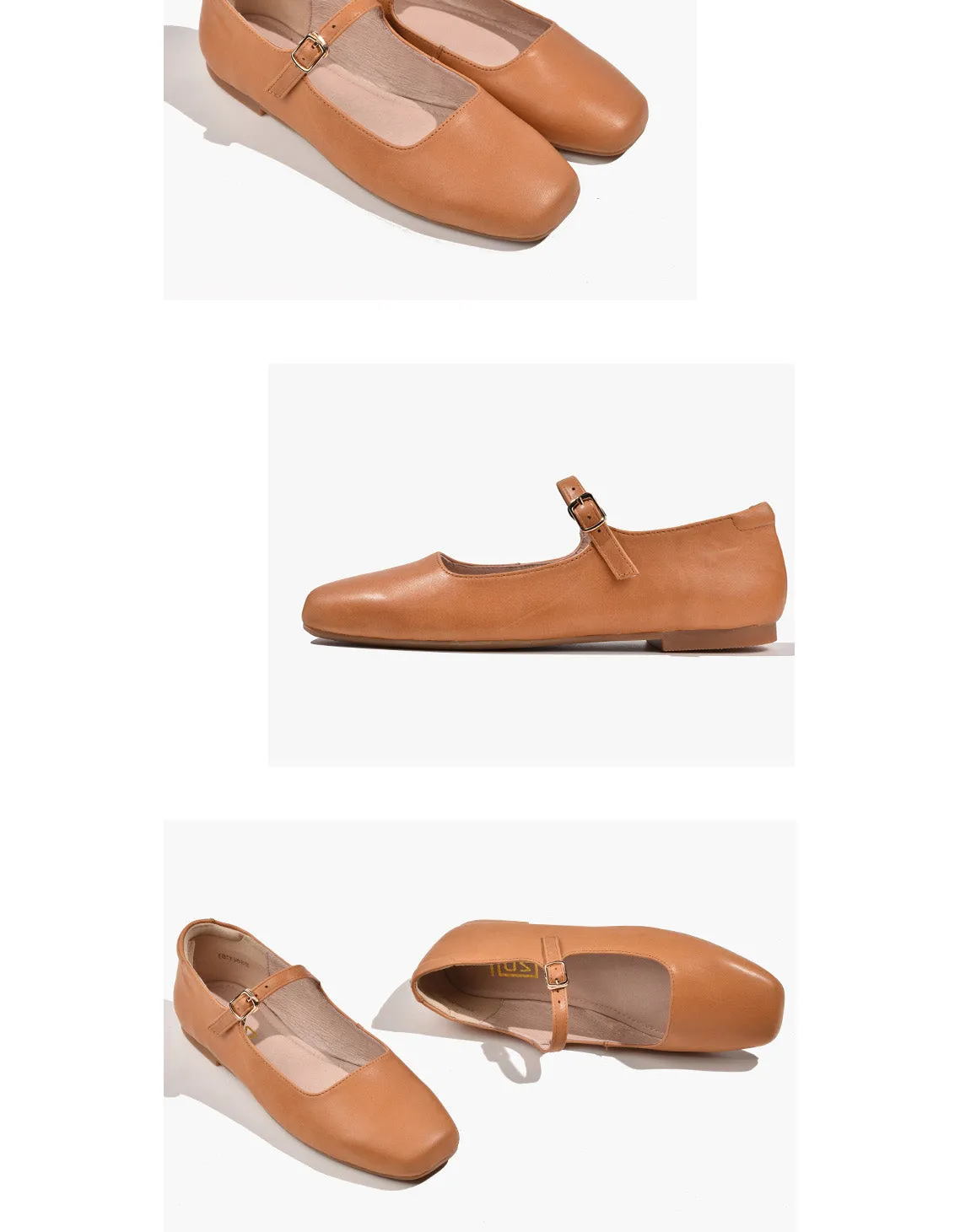 Comfortable Soft Leather Square Toe Strap Flats 34-41