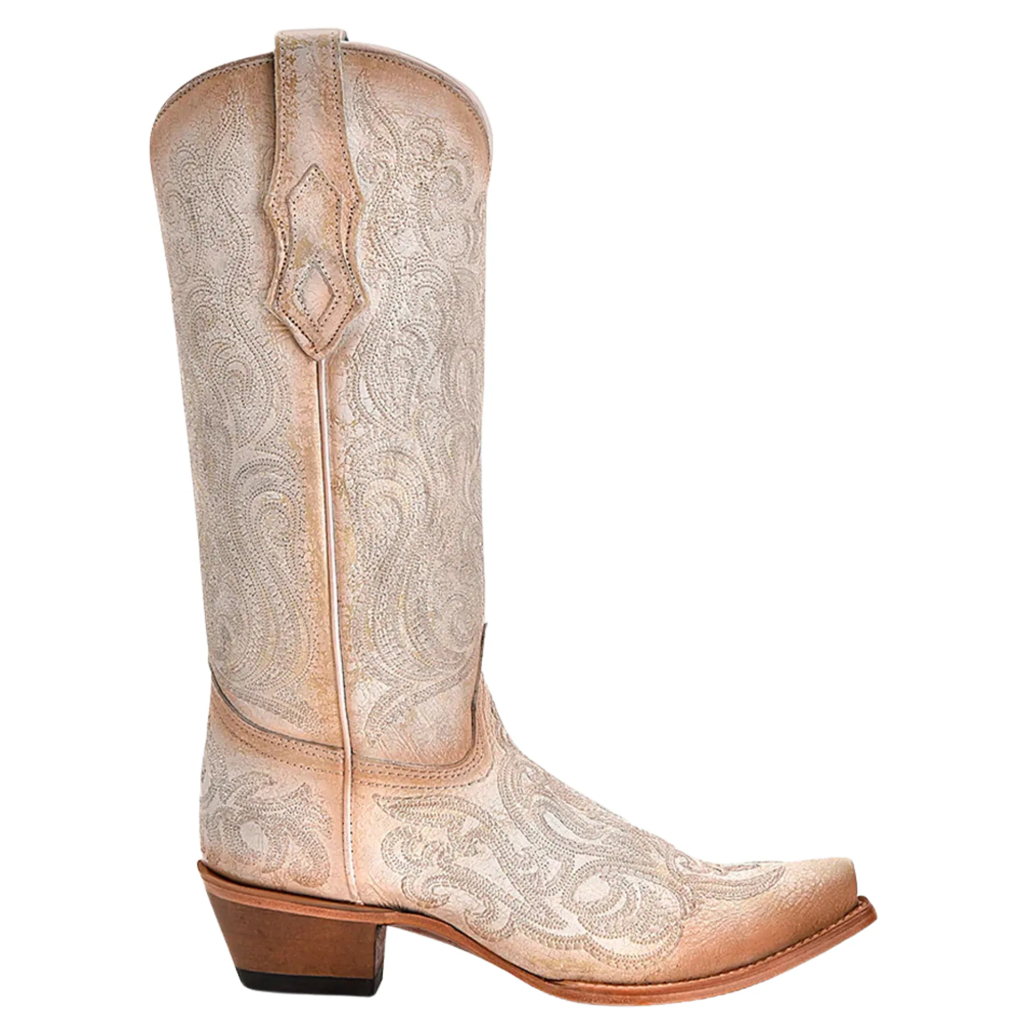 CORRAL WOMEN'S PINK LUMINESCENT EMBROIDERY CRACKLED STRAW SNIP TOE WESTERN BOOT - C4143