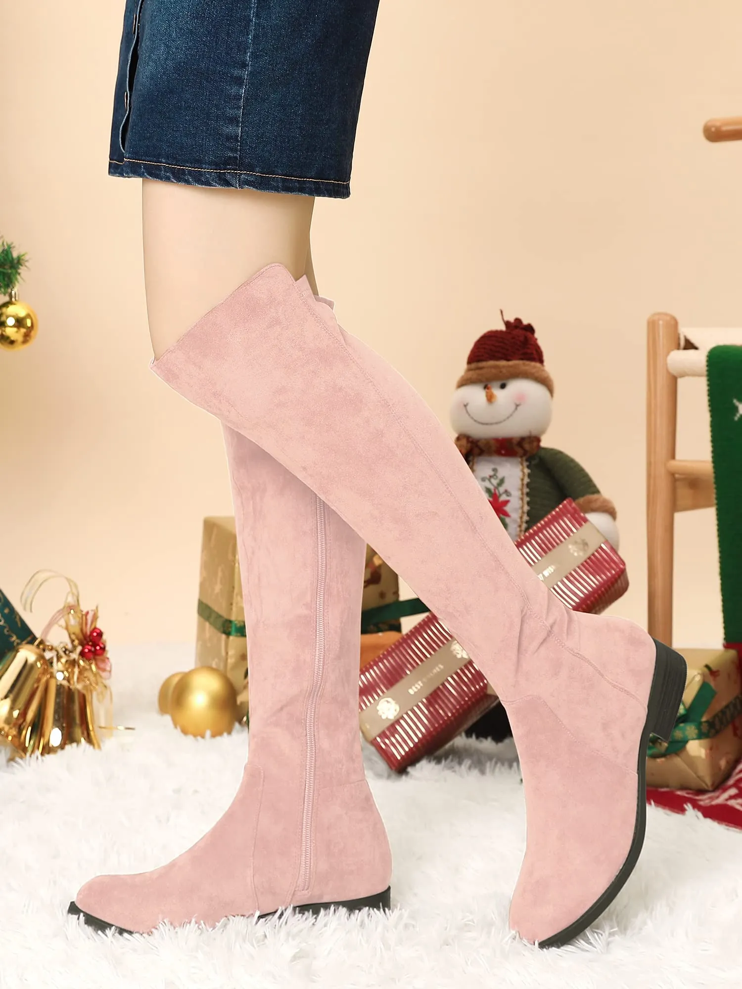 Dust Pink Suede Knee High Side Zipper Boots