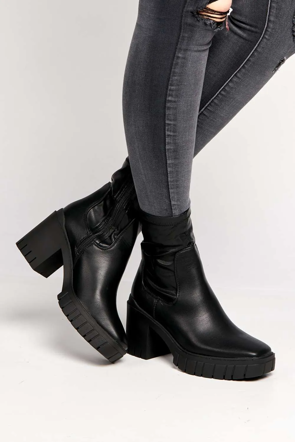 Edna Faux Leather Chunky Block Heel Ankle Boots in Black