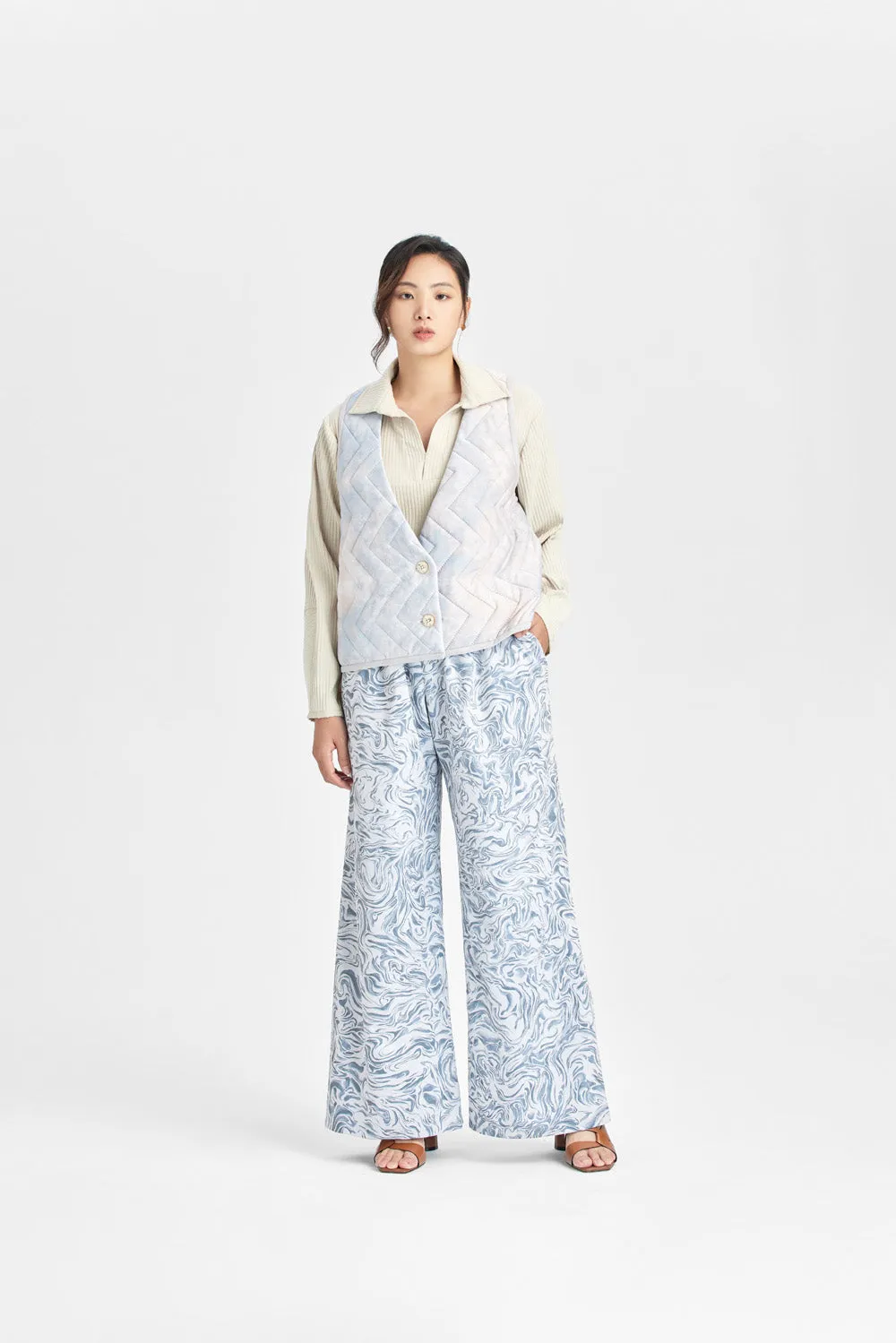 Flowing water print wide flared trousers