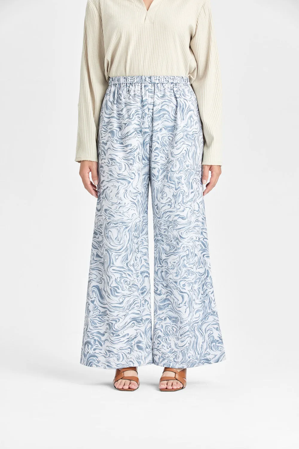 Flowing water print wide flared trousers