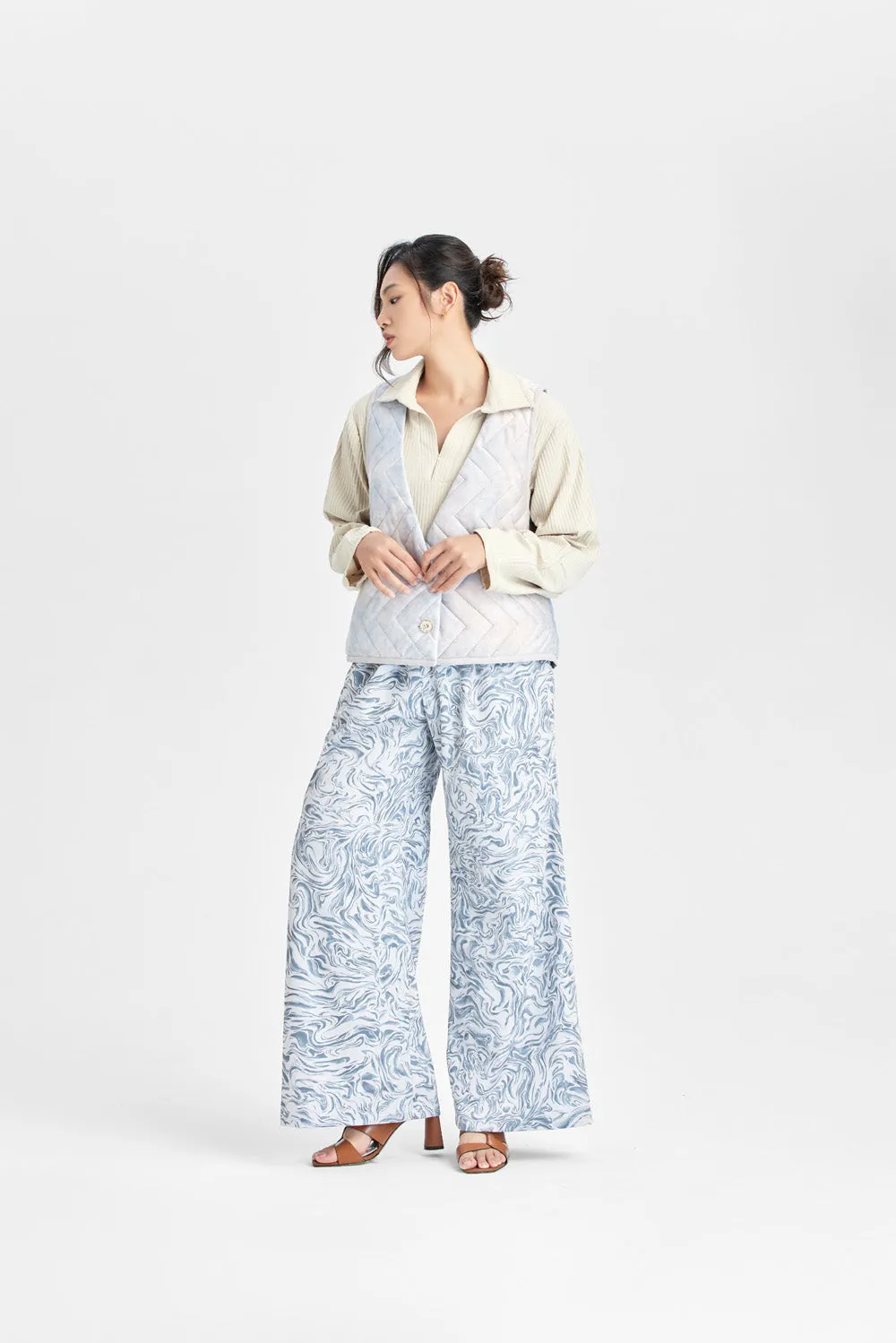 Flowing water print wide flared trousers