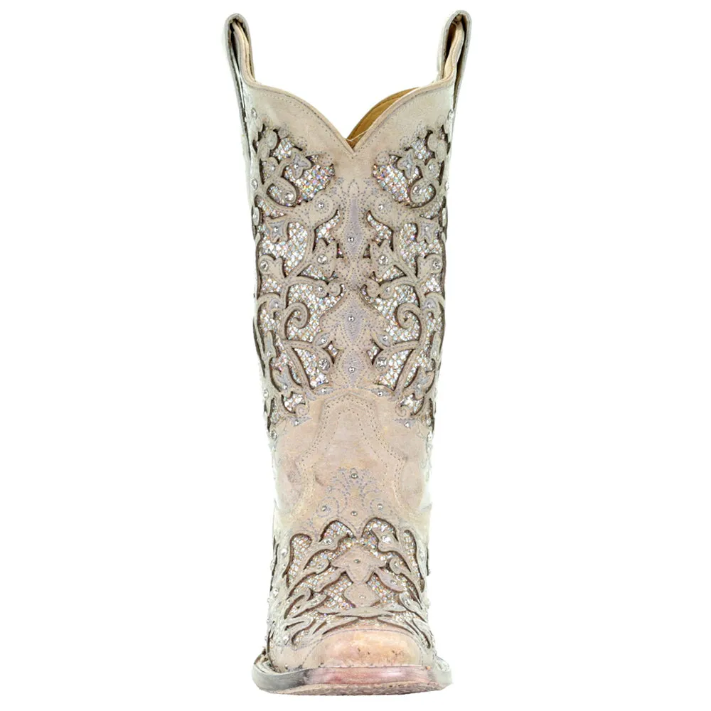 Glitter Studded Tooled Inlay Square Toe Cowboy Boots