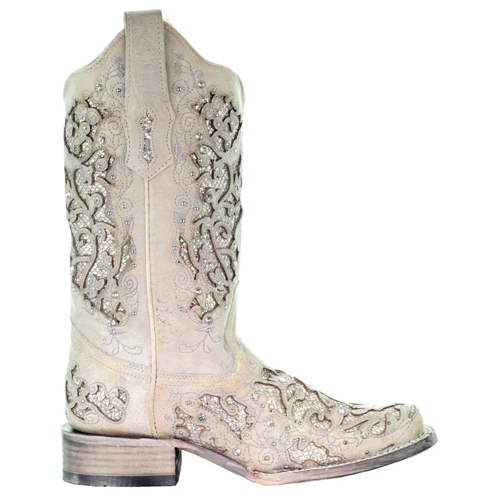 Glitter Studded Tooled Inlay Square Toe Cowboy Boots