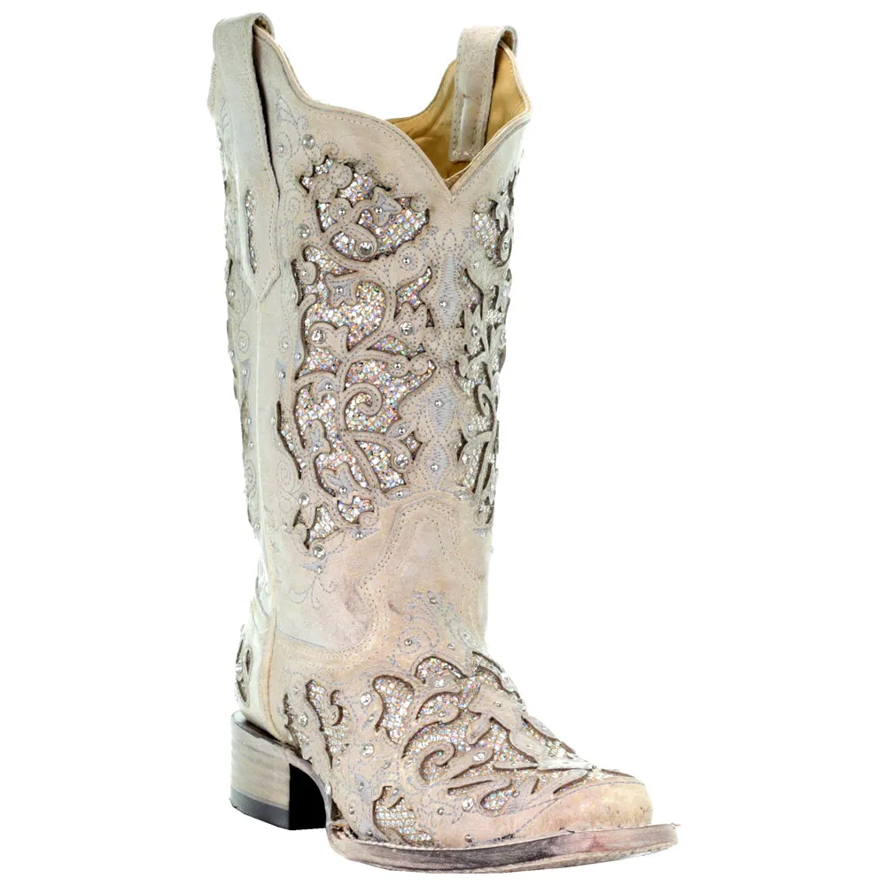 Glitter Studded Tooled Inlay Square Toe Cowboy Boots