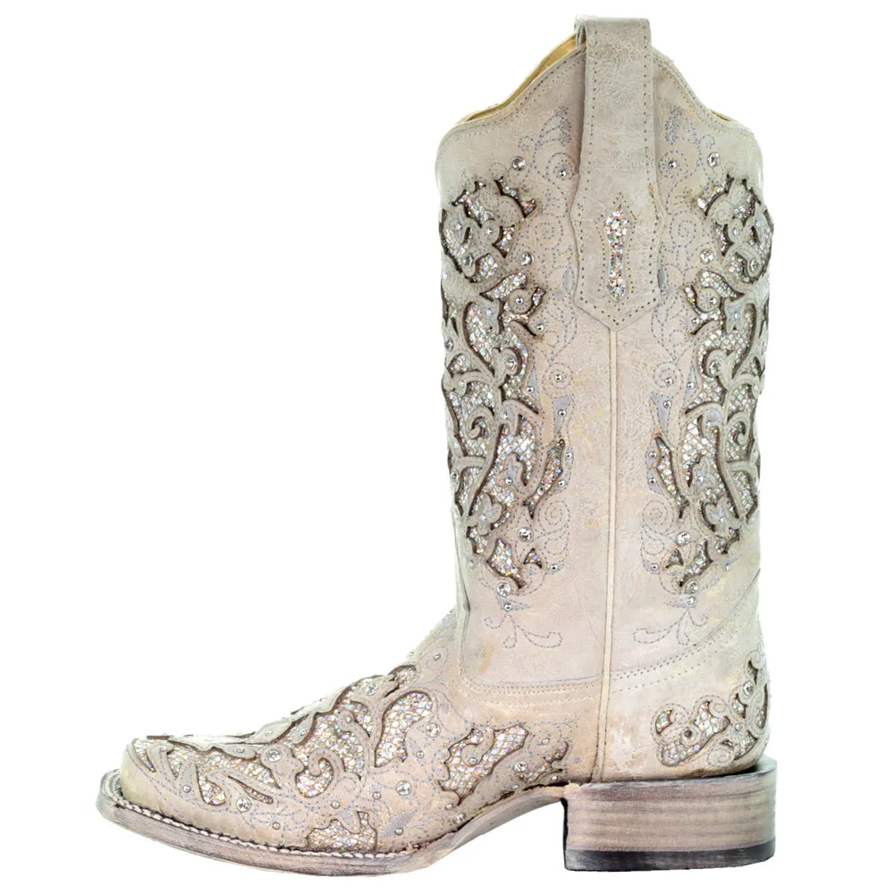 Glitter Studded Tooled Inlay Square Toe Cowboy Boots