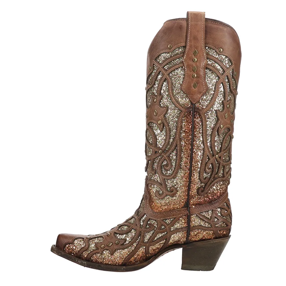 Glitter Tooled Inlay Snip Toe Cowboy Boots