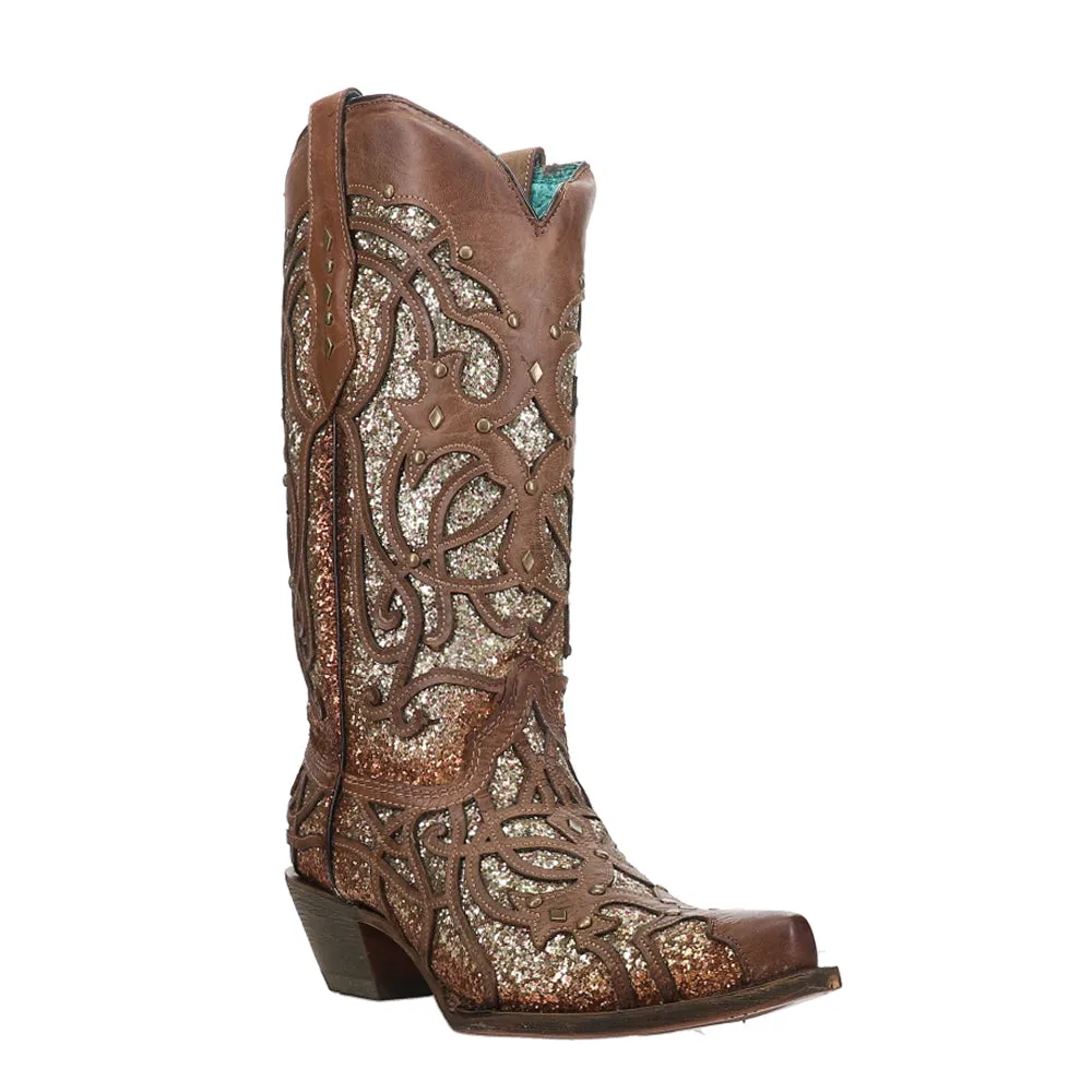 Glitter Tooled Inlay Snip Toe Cowboy Boots