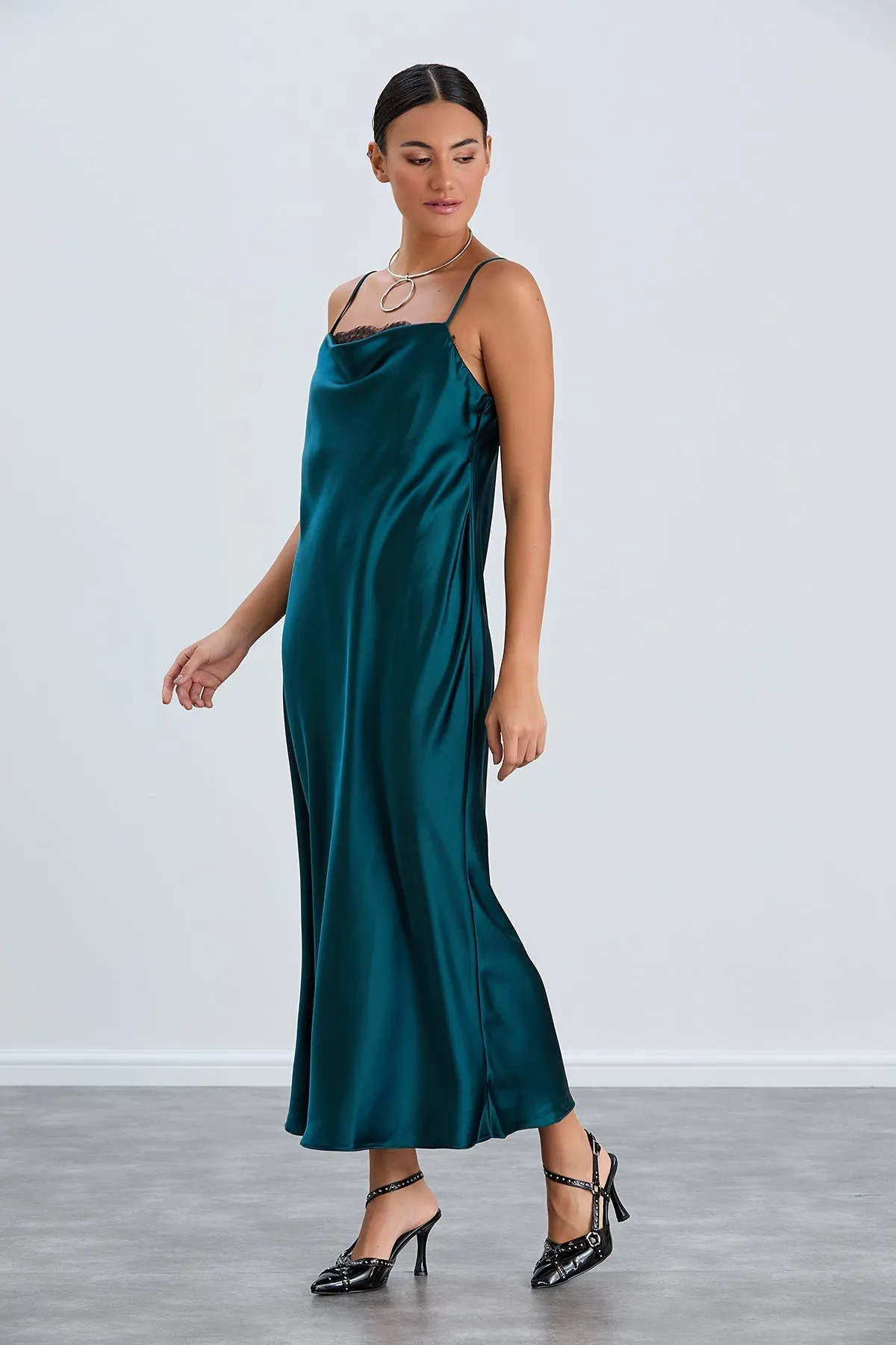 Green Satin Cami Dress with Delicate Lace