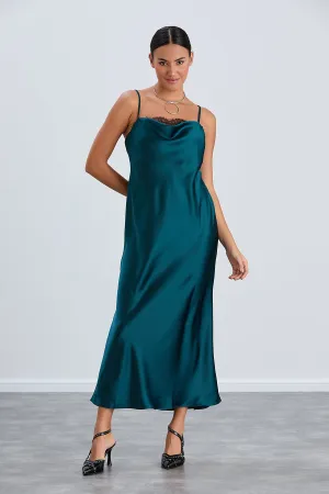 Green Satin Cami Dress with Delicate Lace