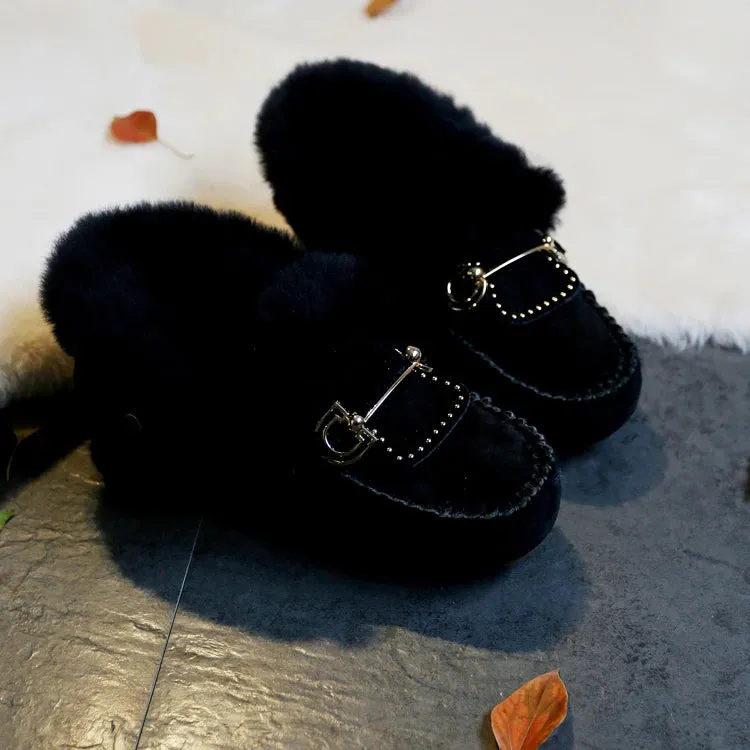 GRWG Winter 100% Genuine Leather Real Wool Women Flats New Fashion Female Moccasins Casual Loafers Plus Size Snow Shoes