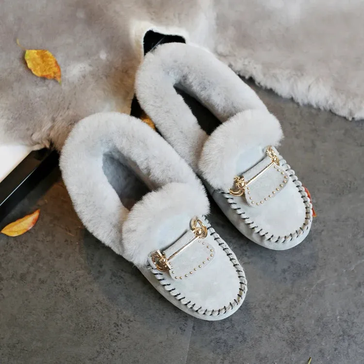 GRWG Winter 100% Genuine Leather Real Wool Women Flats New Fashion Female Moccasins Casual Loafers Plus Size Snow Shoes