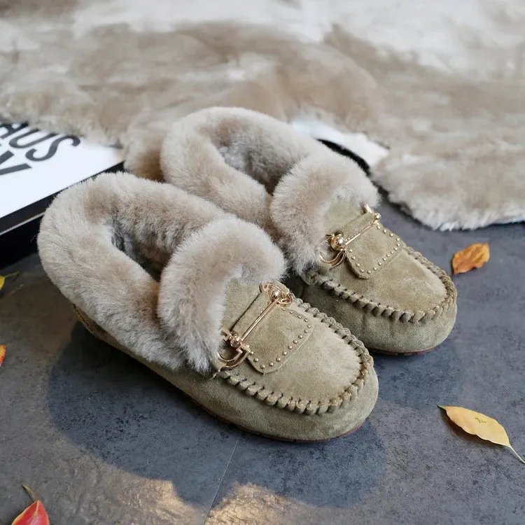 GRWG Winter 100% Genuine Leather Real Wool Women Flats New Fashion Female Moccasins Casual Loafers Plus Size Snow Shoes