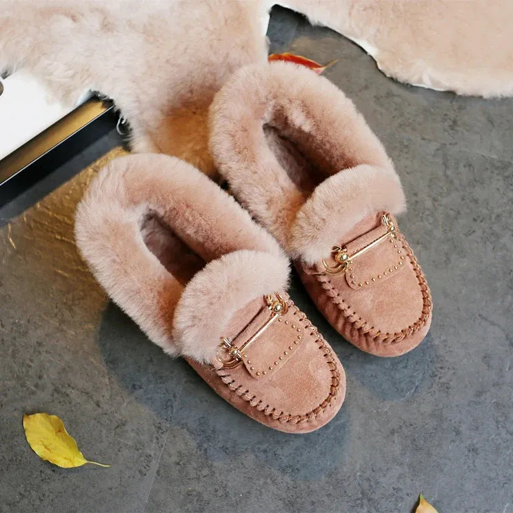 GRWG Winter 100% Genuine Leather Real Wool Women Flats New Fashion Female Moccasins Casual Loafers Plus Size Snow Shoes