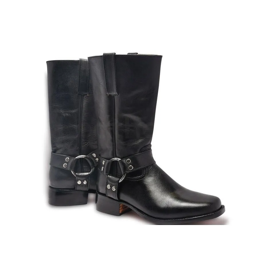 Men Black Leather Motorcycle Boots with Metal Hoops