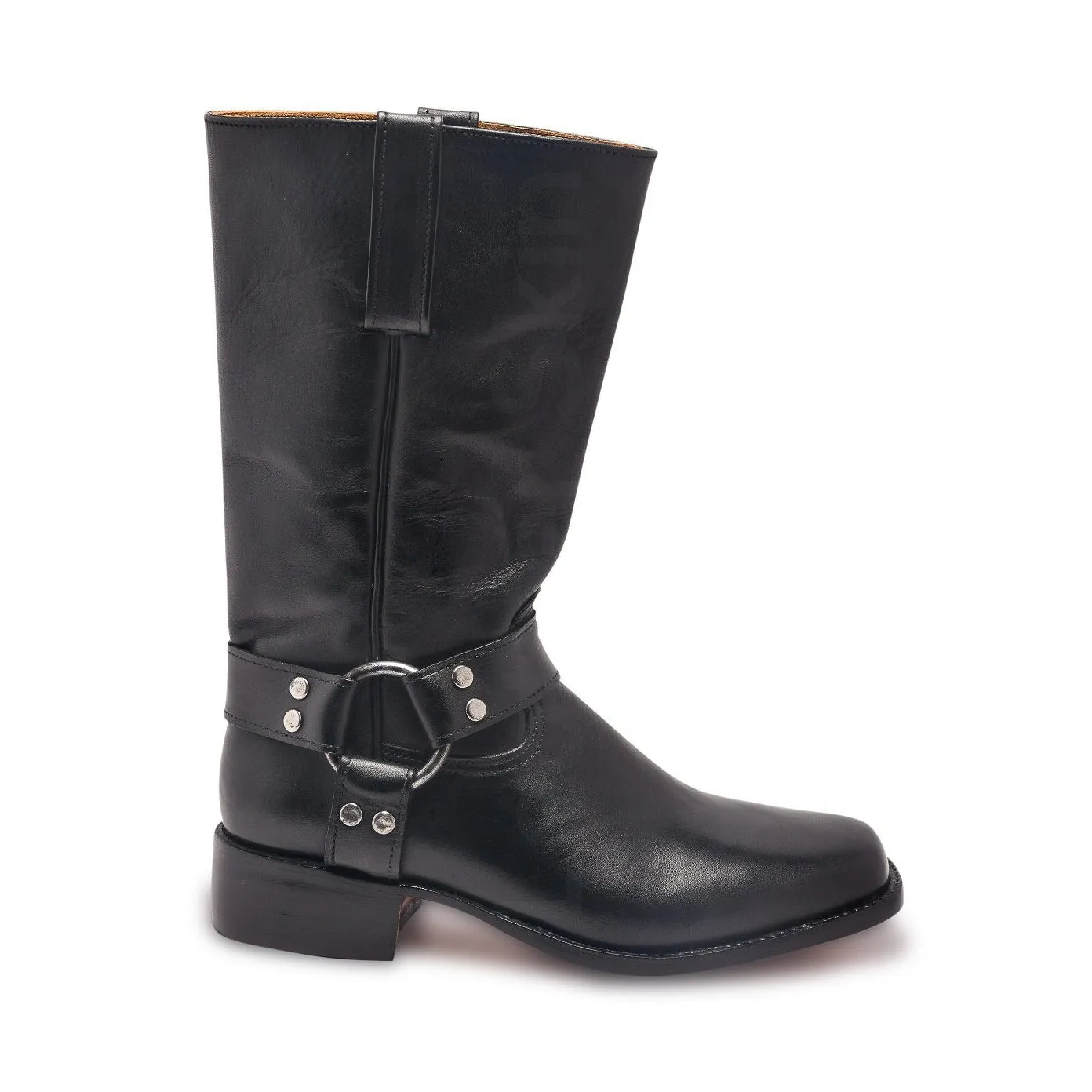 Men Black Leather Motorcycle Boots with Metal Hoops