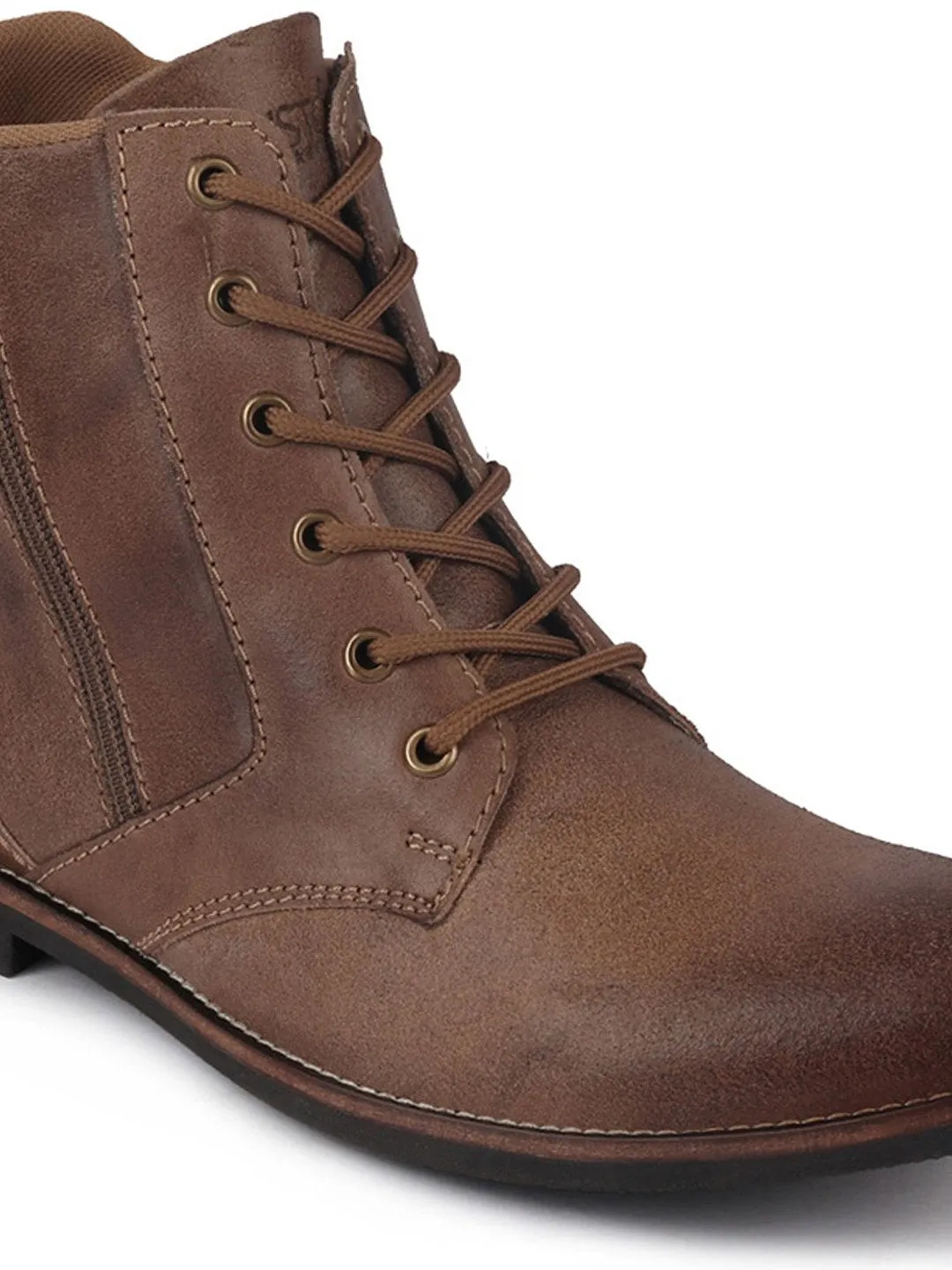 Men Brown High Ankle Lace Up Leather Zipper Boots