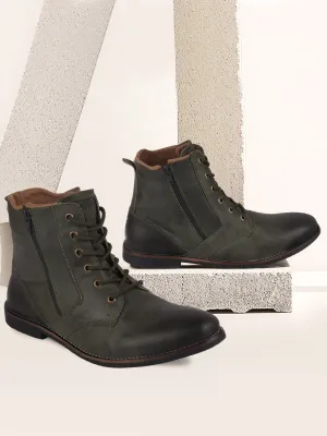 Men Olive High Ankle Lace Up Leather Zipper Boots