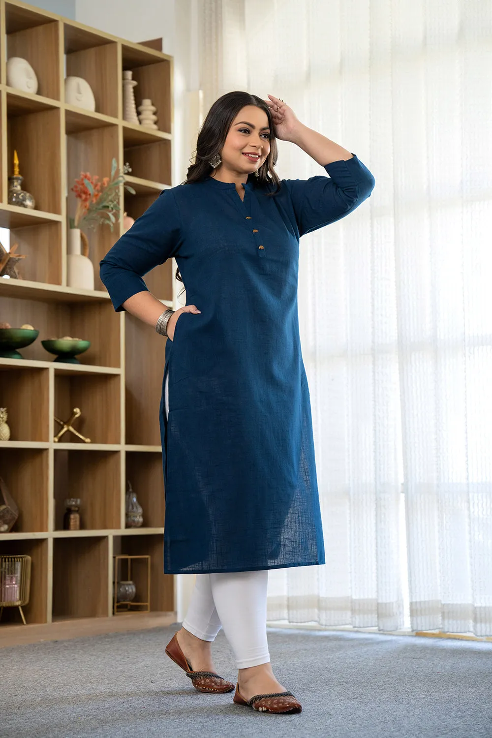 Navy Blue Solid Cotton Kurta Pant Set for women