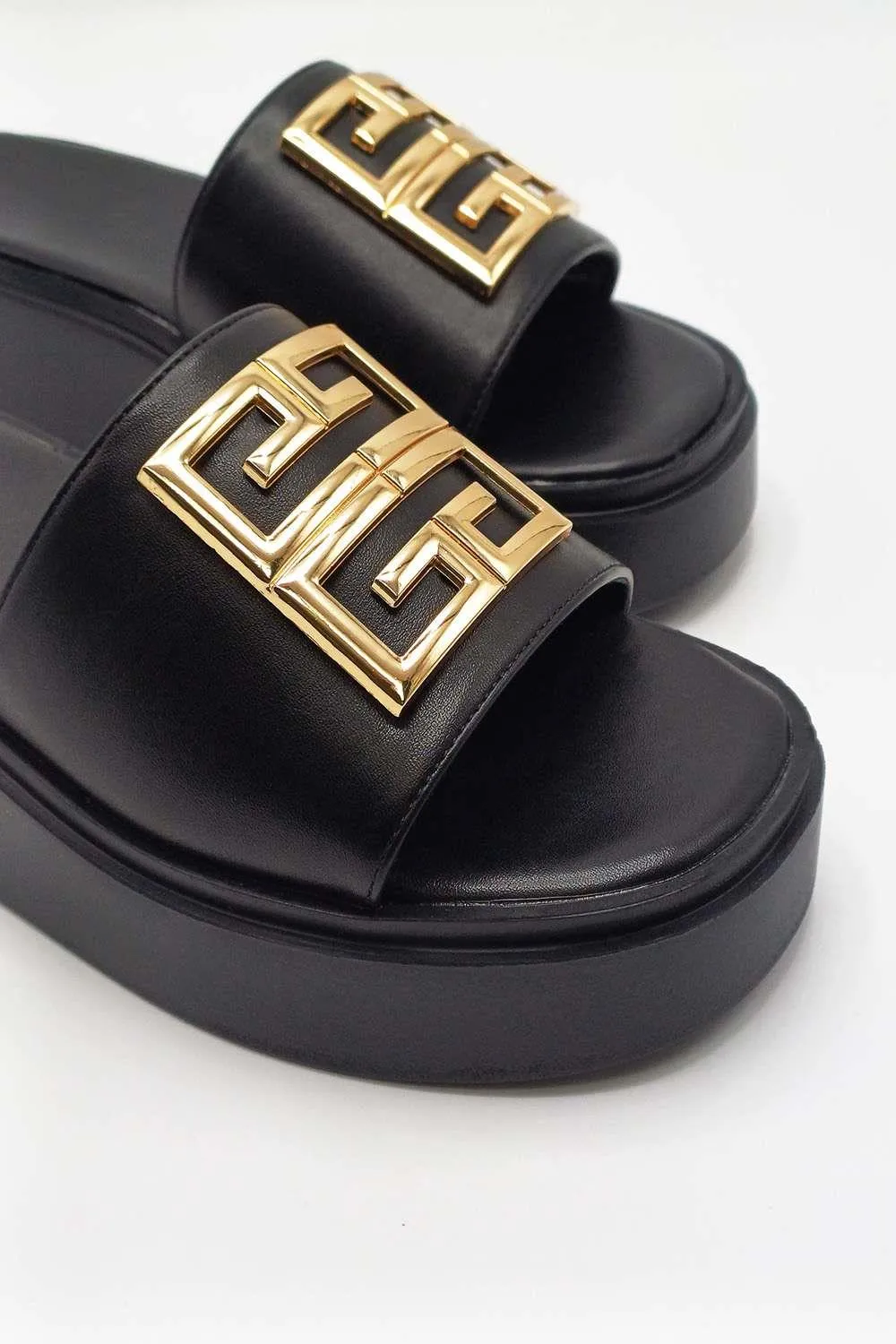 Noemi C Shaped Gold Broach Large Band Flatform Sliders in Black