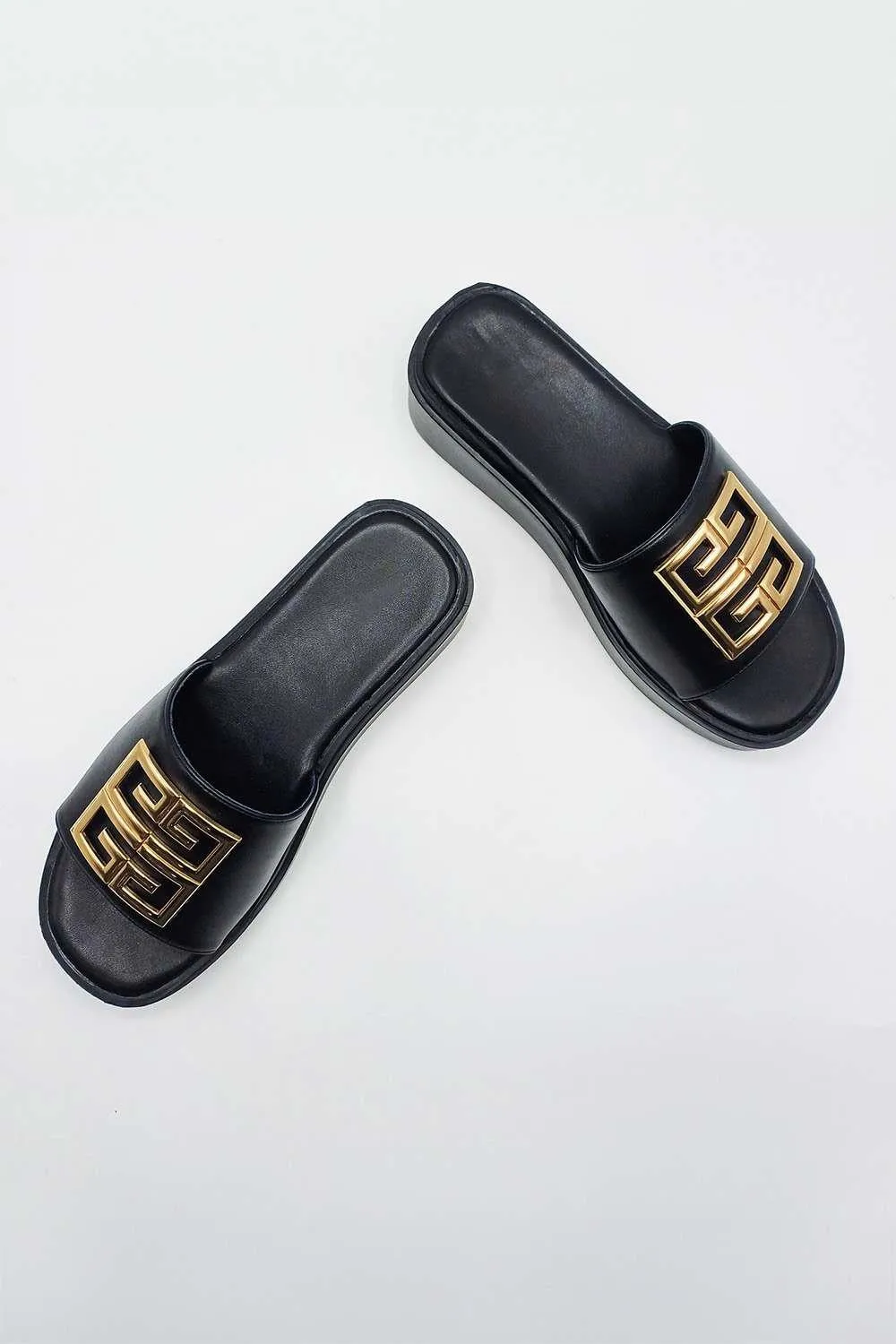 Noemi C Shaped Gold Broach Large Band Flatform Sliders in Black