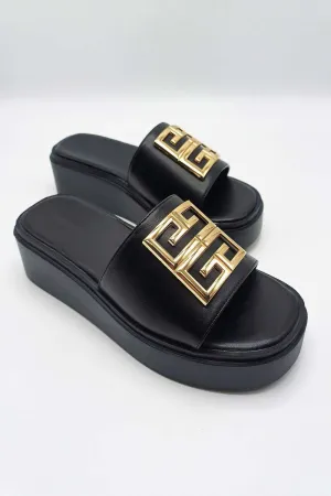 Noemi C Shaped Gold Broach Large Band Flatform Sliders in Black