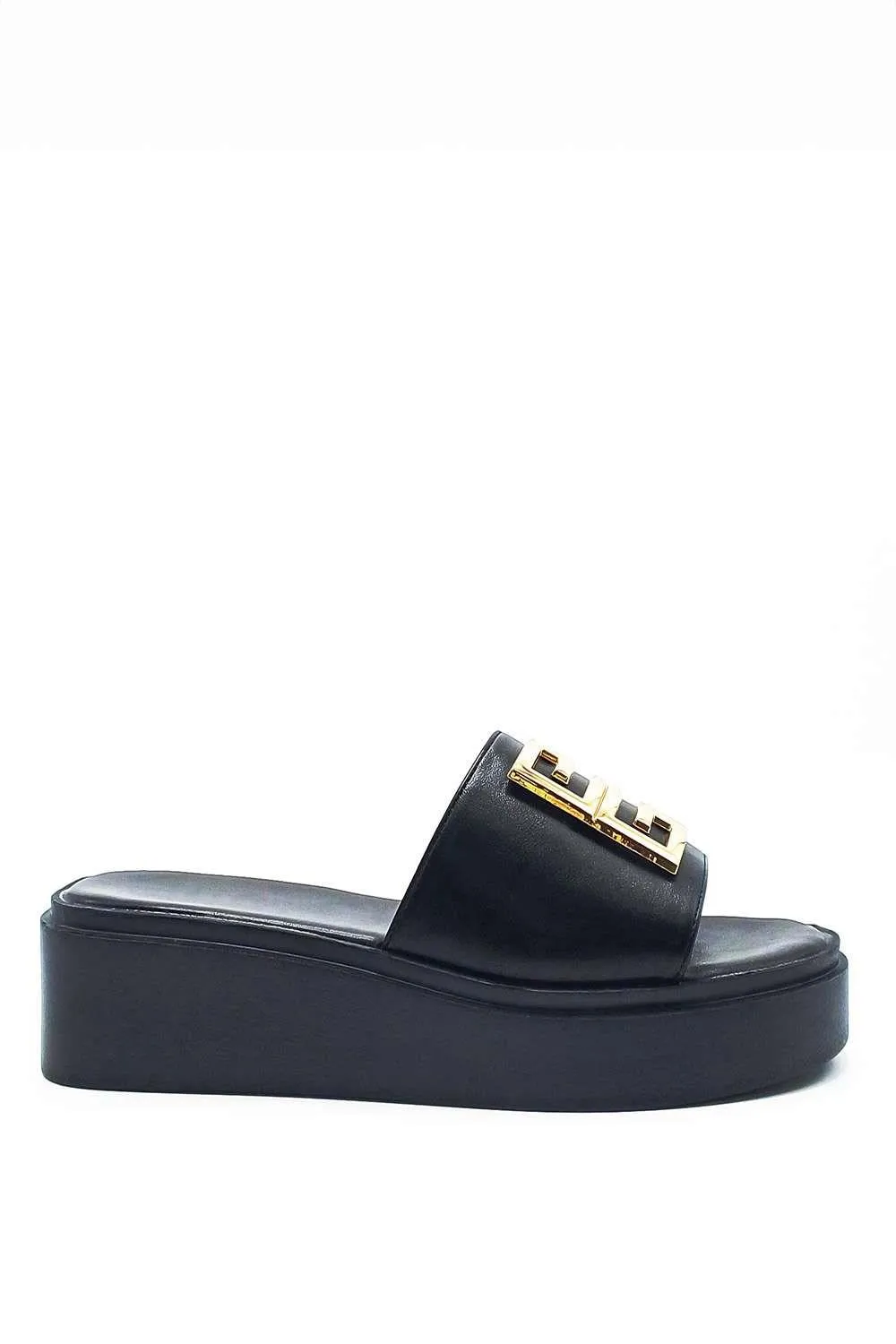 Noemi C Shaped Gold Broach Large Band Flatform Sliders in Black