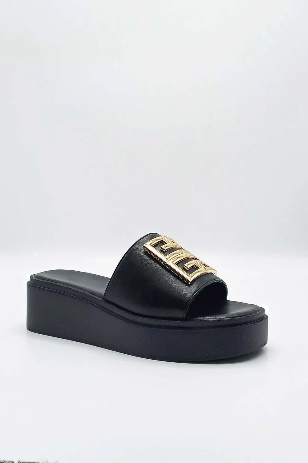 Noemi C Shaped Gold Broach Large Band Flatform Sliders in Black