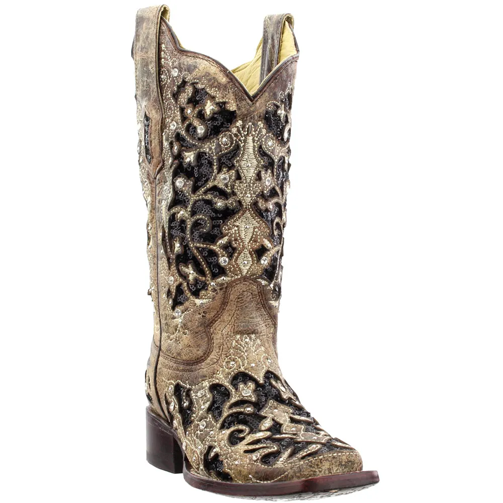 Sequined Tooled-Inlay Square Toe Cowboy Boots