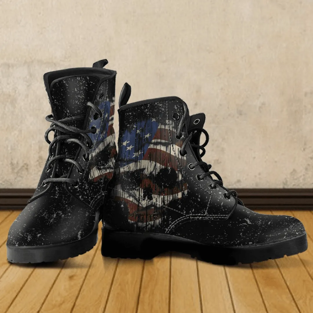 Shredded Skull American Flag Boots for Him & Her, Black