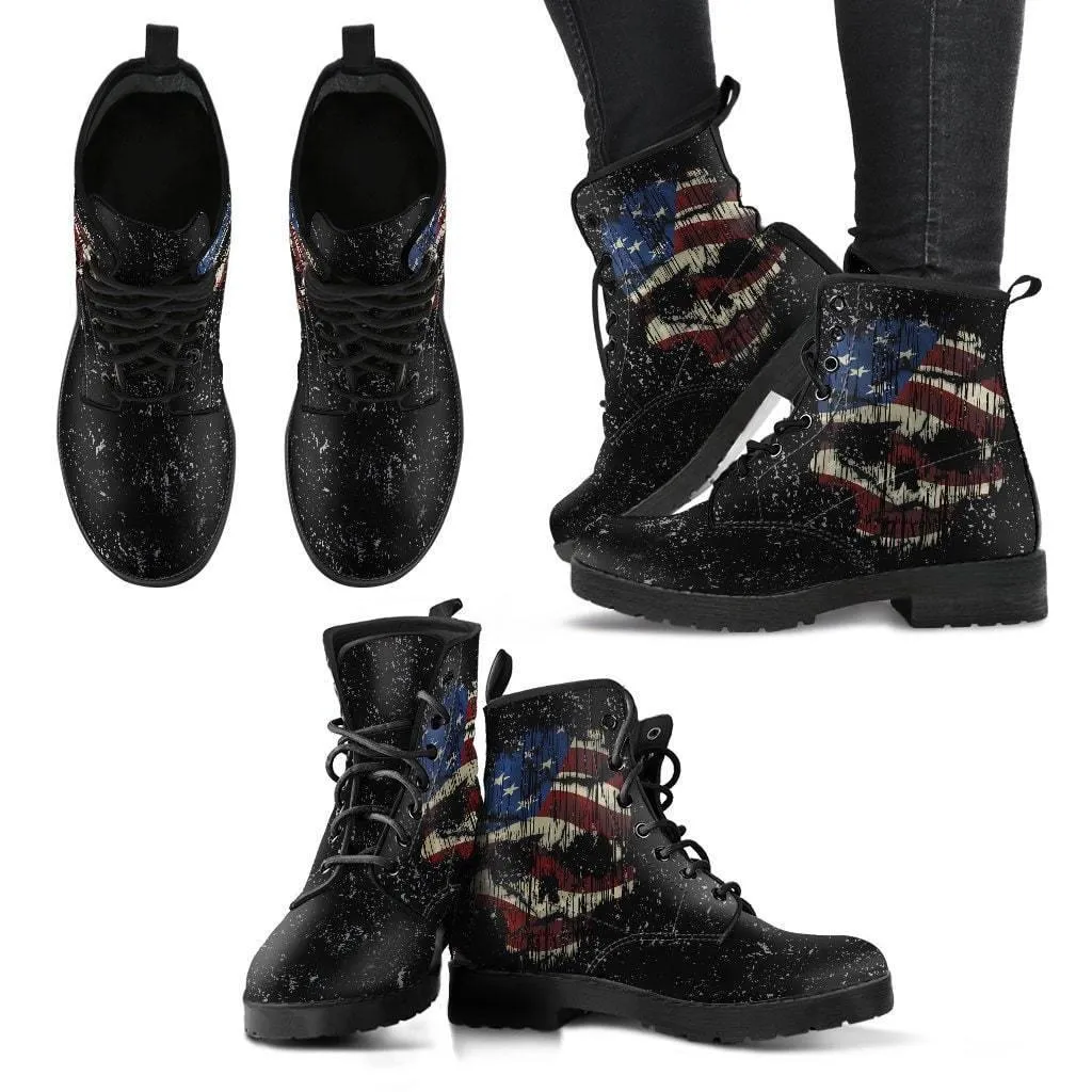 Shredded Skull American Flag Boots for Him & Her, Black