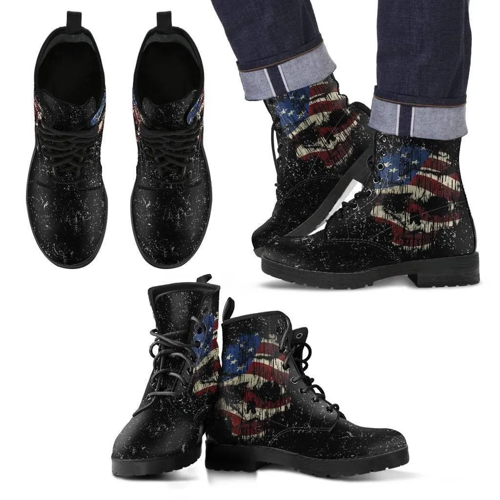 Shredded Skull American Flag Boots for Him & Her, Black