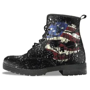 Shredded Skull American Flag Boots for Him & Her, Black