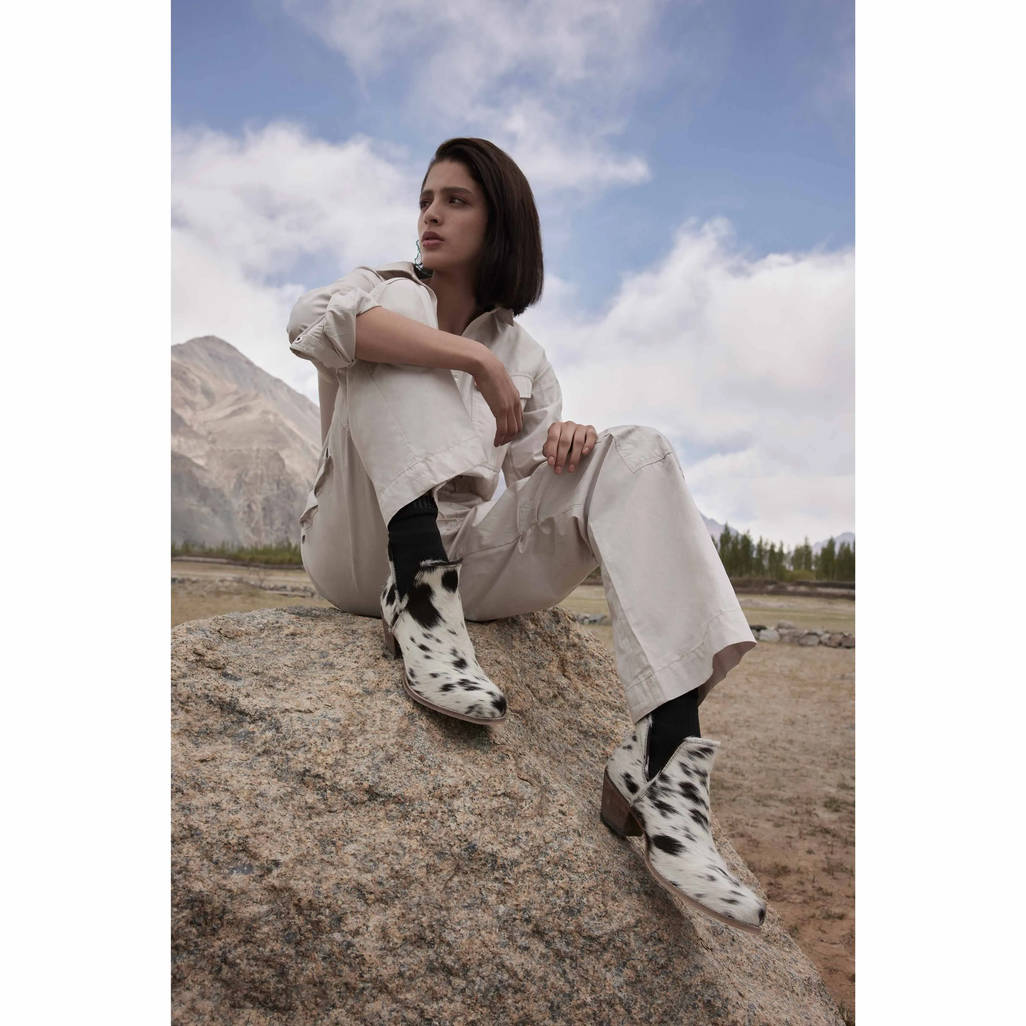 Sunset Bloom Split-Top Hair-On Hide Boots In Black & White